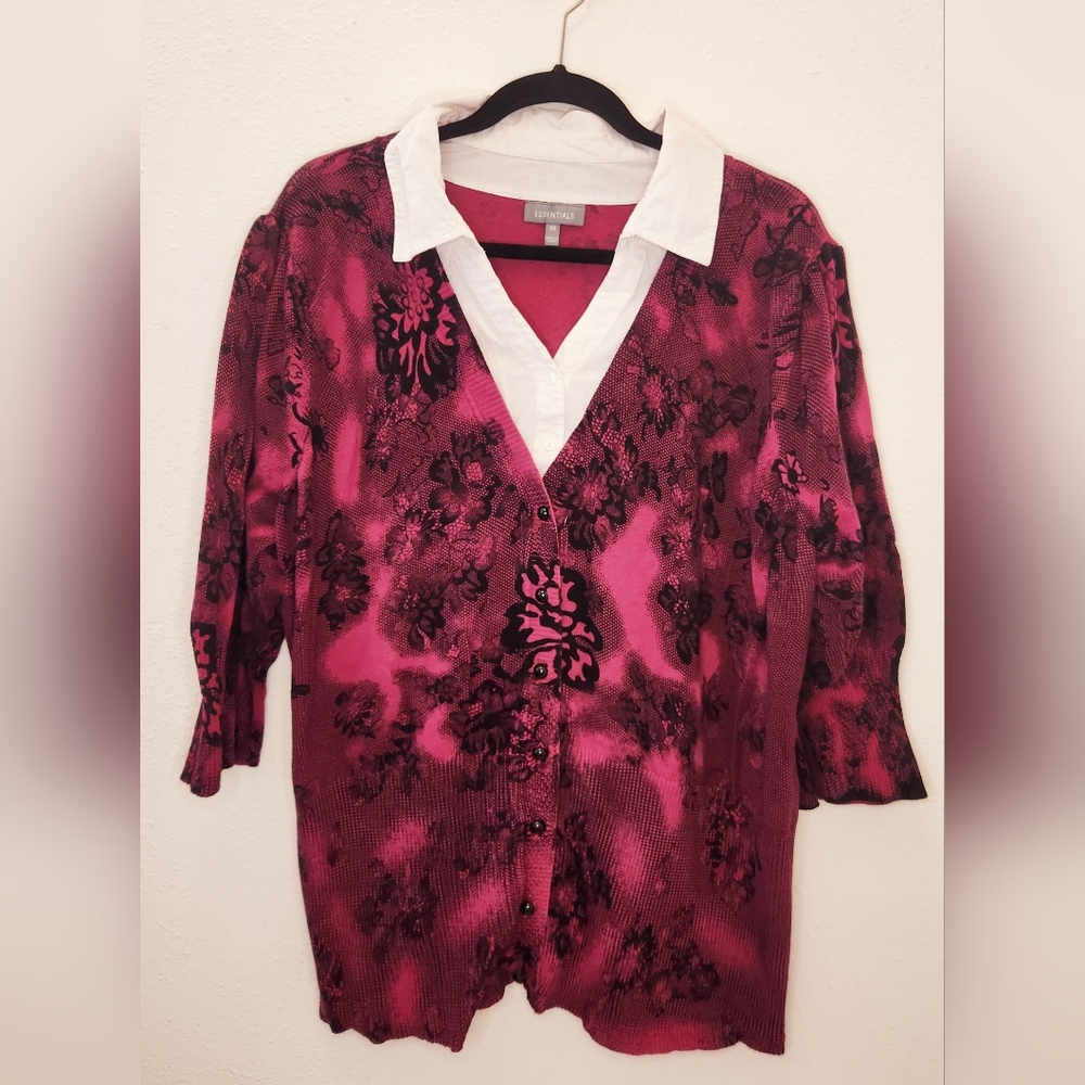 Essentials Y2K Twofer Pink and Black Floral Plus Size Blouse 3X